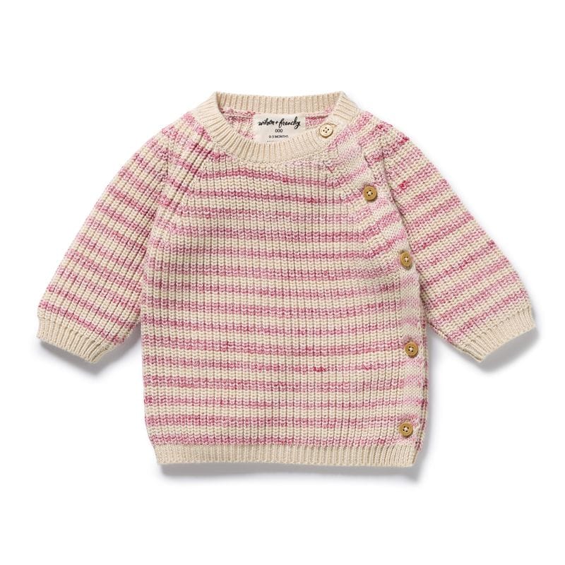 Wilson & Frenchy Girls Jumper Rhubarb and Cream Organic Knitted Stripe Kimono Cardigan