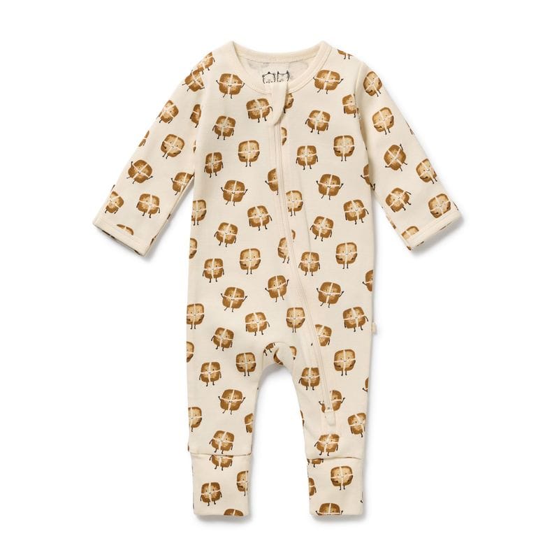 Wilson & Frenchy Unisex Onesie Hot Cross Buns Organic Zipsuit With Feet