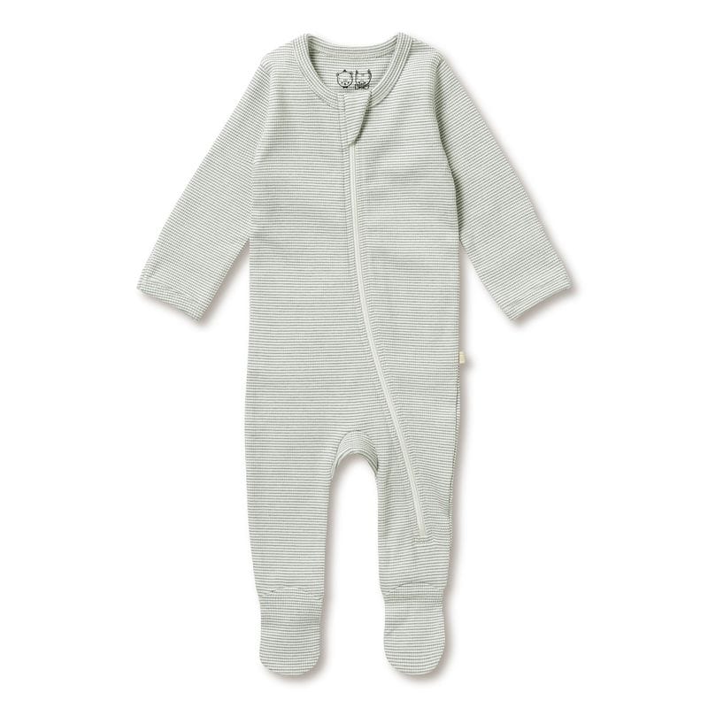 Wilson & Frenchy Unisex Onesie Prem Organic Stripe Rib Zipsuit with Feet - Fern