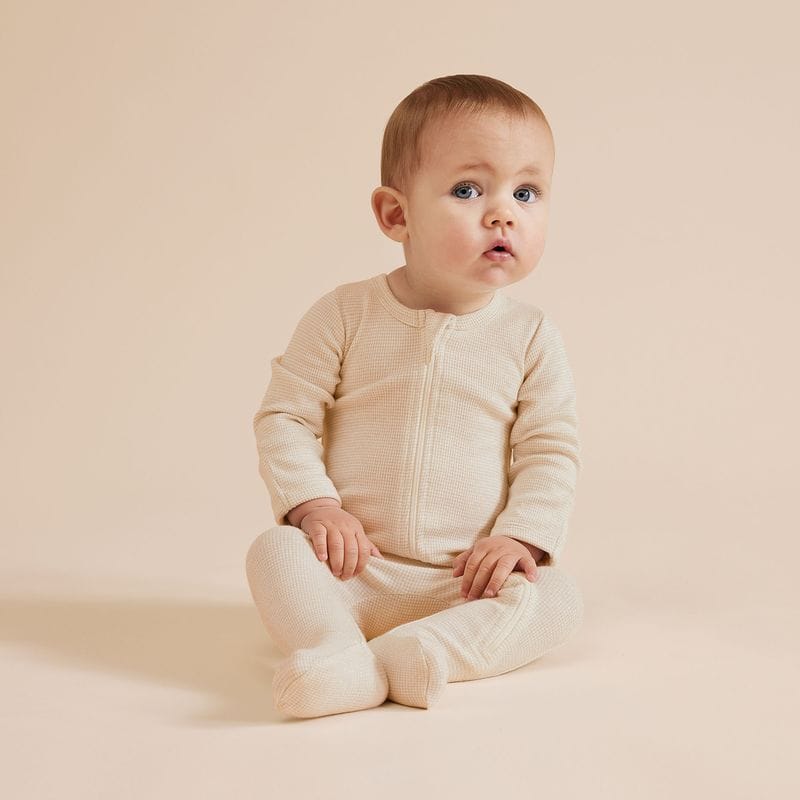 Wilson & Frenchy Unisex Onesie Prem Organic Stripe Rib Zipsuit with Feet - Oatmeal