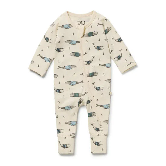 Wilson & Frenchy Unisex Onesie Woolly Whales Organic Zipsuit with Feet