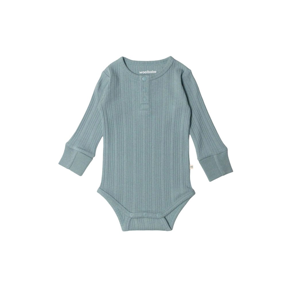 Woolbabe Boys Onesie Tide Marl / NB Organic Cotton/Merino Long Sleeve Henley Bodysuit