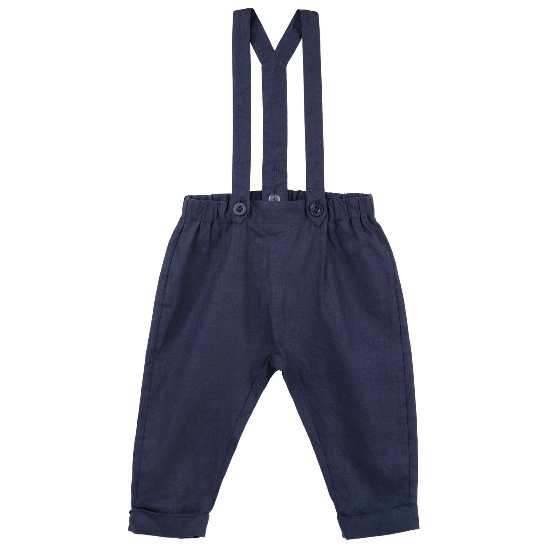 Designer Kidz Boys Pants Finley Linen Suspender Pants - Navy