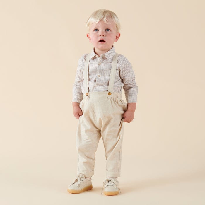Designer Kidz Boys Pants Finley Linen Suspender Pants - Sand