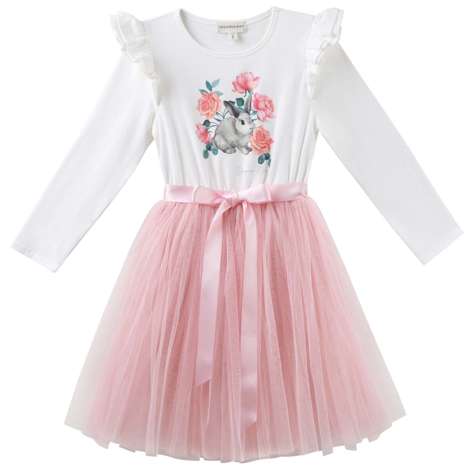 Designer Kidz Girls Dress Bunny Floral L/S Layna Tutu Dress - Soft Pink