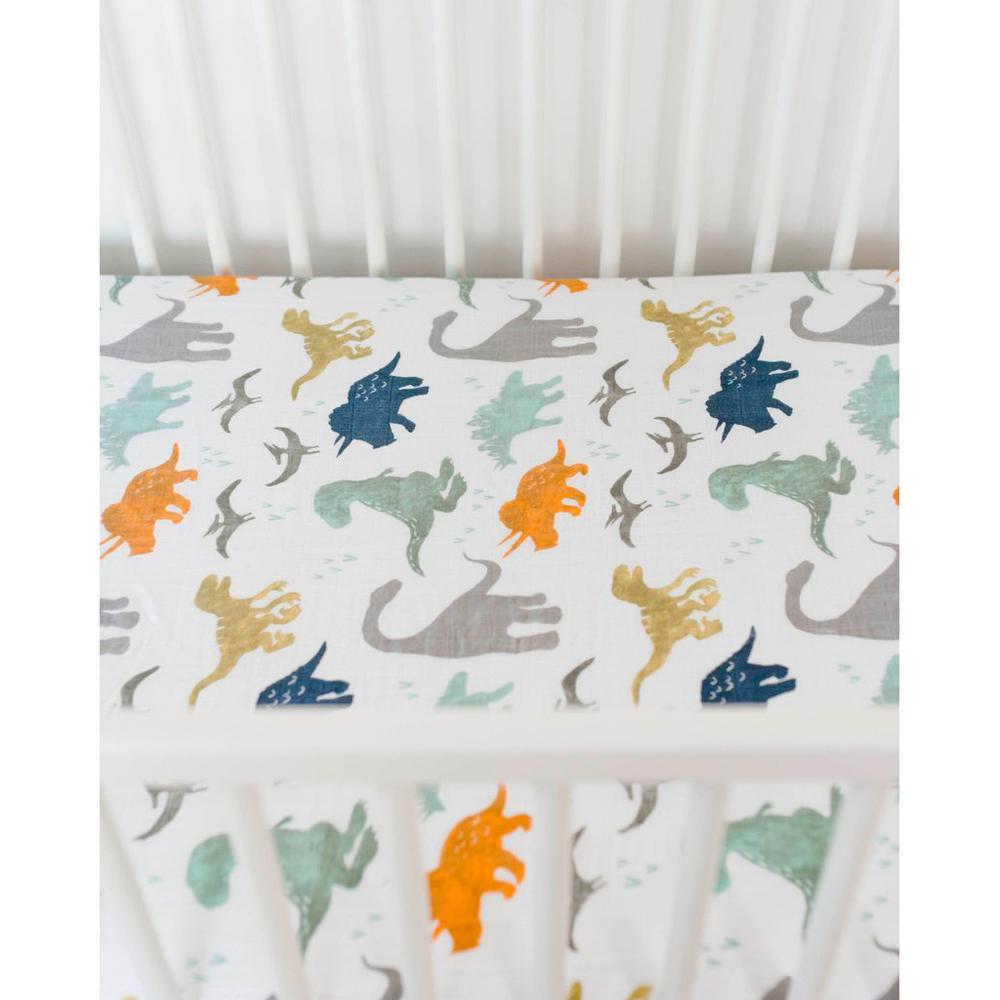 Little Unicorn Linen Sheets Dino Friends Muslin Fitted Cot Sheet