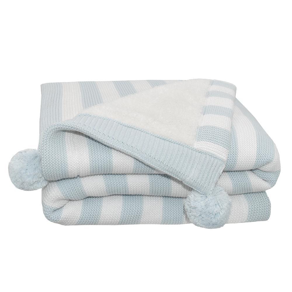 Living Textiles Linen Blankets Pompom Sherpa Blanket - Dusty Blue Stripe