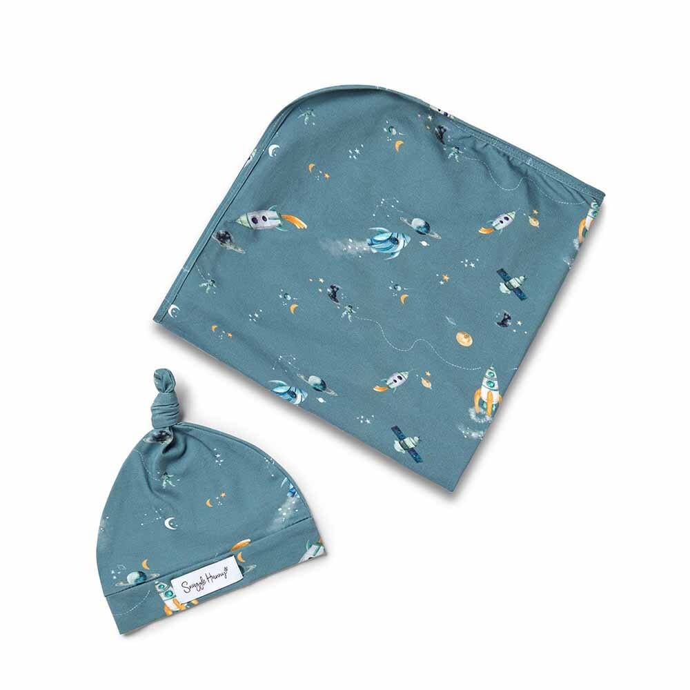 Snuggle Hunny Kids Linen Sheets Rocket Organic Jersey Wrap & Beanie Set