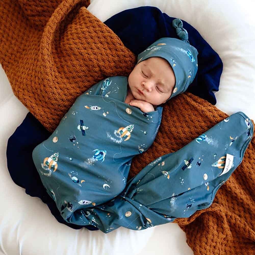 Snuggle Hunny Kids Linen Sheets Rocket Organic Jersey Wrap & Beanie Set